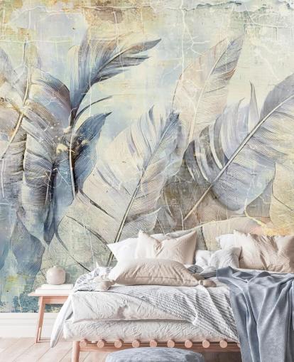mural de pared de la jungla personalizable azul claro llamado Distressed Jungle Leaves de Rafal Kulik mural de pared de la jungla personalizable azul claro llamado Distressed Jungle Leaves de Rafal Kulik