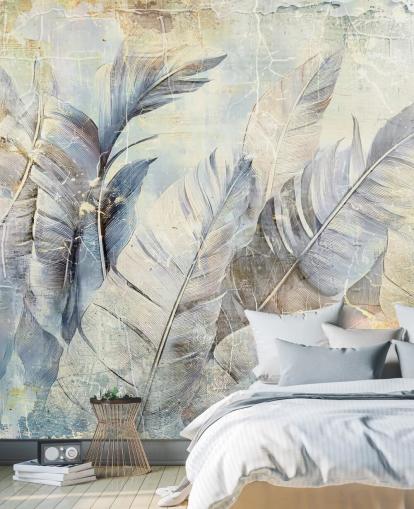 mural de pared de la jungla personalizable azul claro llamado Distressed Jungle Leaves de Rafal Kulik