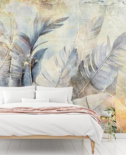 fresque murale de la jungle personnalisable en bleu clair intitulée Distressed Jungle Leaves par Rafal Kulik