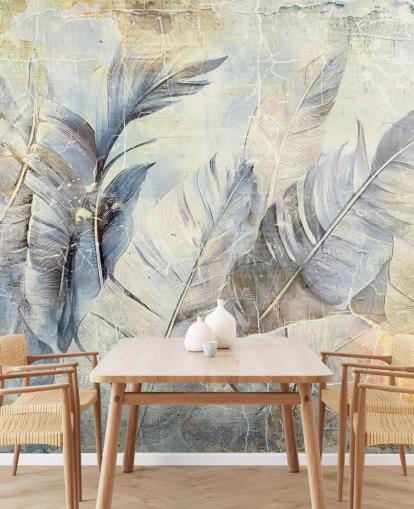 murale da parete con giungla personalizzabile blu chiaro chiamato Distressed Jungle Leaves di Rafal Kulik