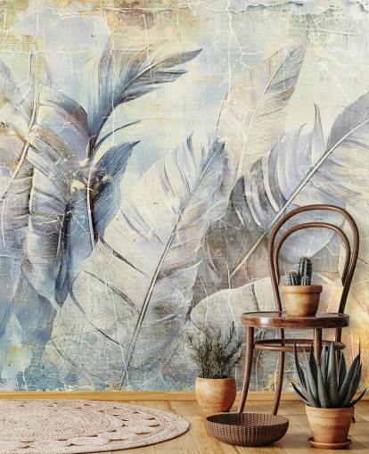 light blue customisable jungle wall mural called Distressed Jungle Leaves by Rafal Kulik