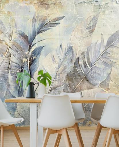 mural de pared de la jungla personalizable azul claro llamado Distressed Jungle Leaves de Rafal Kulik
