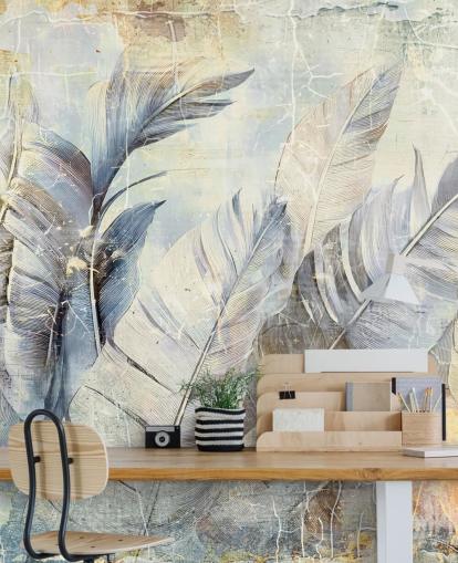 light blue customizable jungle wall mural called Distressed Jungle Leaves by Rafal Kulik