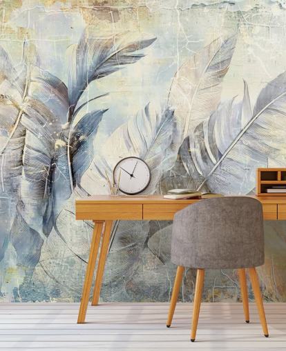 light blue customisable jungle wall mural called Distressed Jungle Leaves by Rafal Kulik