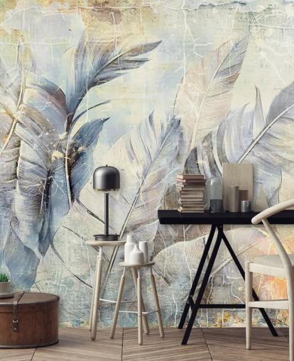 lichtblauwe aanpasbare jungle muurschildering genaamd Distressed Jungle Leaves van Rafal Kulik