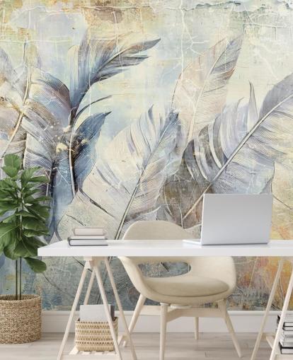 fresque murale de la jungle personnalisable en bleu clair intitulée Distressed Jungle Leaves par Rafal Kulik