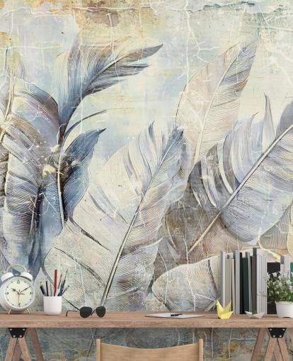 lichtblauwe aanpasbare jungle muurschildering genaamd Distressed Jungle Leaves van Rafal Kulik