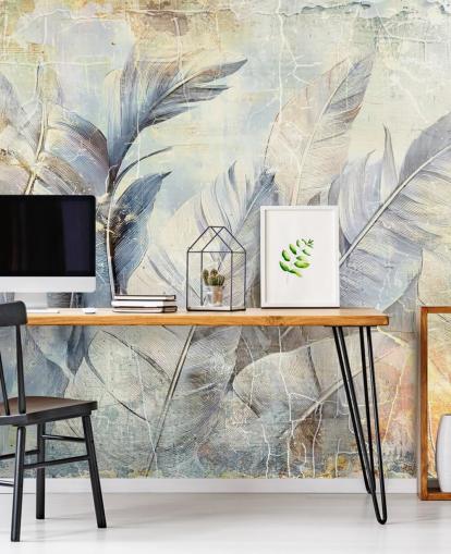 mural de pared de la jungla personalizable azul claro llamado Distressed Jungle Leaves de Rafal Kulik mural de pared de la jungla personalizable azul claro llamado Distressed Jungle Leaves de Rafal Kulik