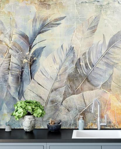 lichtblauwe aanpasbare jungle muurschildering genaamd Distressed Jungle Leaves van Rafal Kulik lichtblauwe aanpasbare jungle muurschildering genaamd Distressed Jungle Leaves van Rafal Kulik