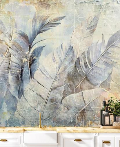 light blue customizable jungle wall mural called Distressed Jungle Leaves by Rafal Kulik