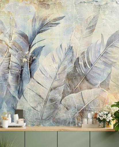 lyseblått tilpassbart jungel veggmaleri kalt Distressed Jungle Leaves av Rafal Kulik