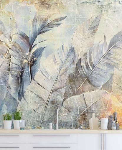 Hellblaues, anpassbares Dschungel-Wandbild namens Distressed Jungle Leaves von Rafal Kulik Hellblaues, anpassbares Dschungel-Wandbild namens Distressed Jungle Leaves von Rafal Kulik