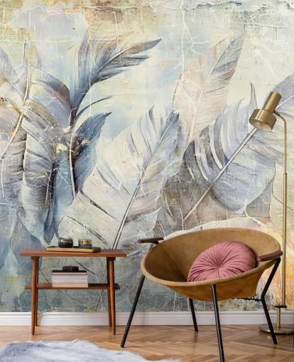 lyseblått tilpassbart jungel veggmaleri kalt Distressed Jungle Leaves av Rafal Kulik