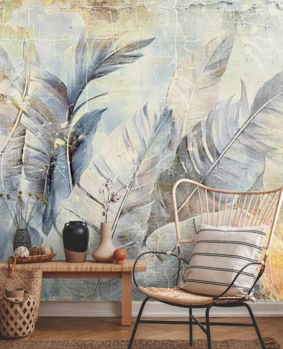 ljusblå anpassningsbar djungel väggmålning som heter Distressed Jungle Leaves av Rafal Kulik