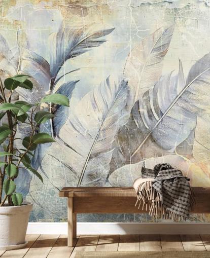 lyseblå tilpasselig jungle vægmaleri kaldet Distressed Jungle Leaves af Rafal Kulik