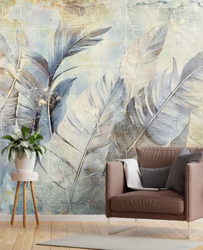 murale da parete con giungla personalizzabile blu chiaro chiamato Distressed Jungle Leaves di Rafal Kulik
