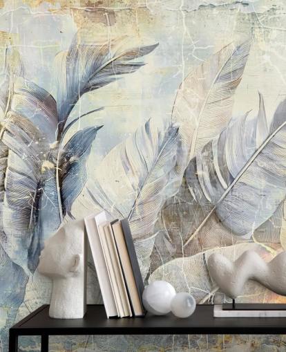 mural de pared de la jungla personalizable azul claro llamado Distressed Jungle Leaves de Rafal Kulik