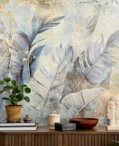 lichtblauwe aanpasbare jungle muurschildering genaamd Distressed Jungle Leaves van Rafal Kulik