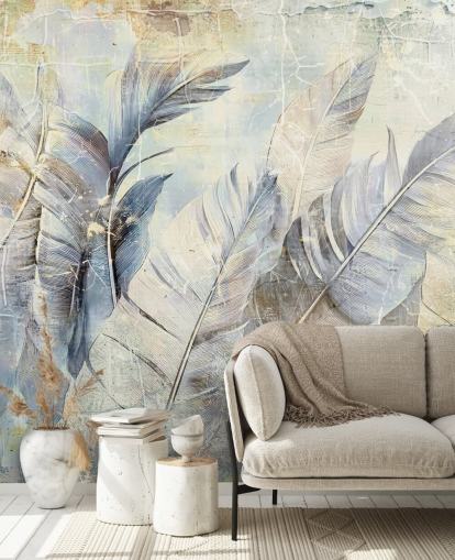 Hellblaues, anpassbares Dschungel-Wandbild namens Distressed Jungle Leaves von Rafal Kulik Hellblaues, anpassbares Dschungel-Wandbild namens Distressed Jungle Leaves von Rafal Kulik