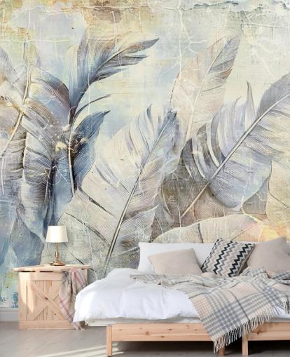 fresque murale de la jungle personnalisable en bleu clair intitulée Distressed Jungle Leaves par Rafal Kulik