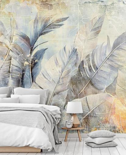 murale da parete con giungla personalizzabile blu chiaro chiamato Distressed Jungle Leaves di Rafal Kulik