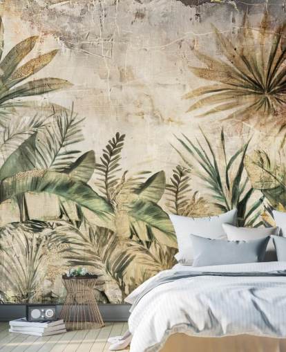 vintage custom jungle wall mural called Distressed Jungle Plants by Rafal Kulik