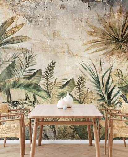 murale vintage personalizzato con giungla chiamato Distressed Jungle Plants di Rafal Kulik