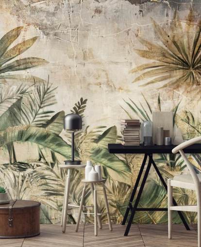 murale vintage personalizzato con giungla chiamato Distressed Jungle Plants di Rafal Kulik
