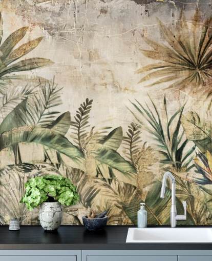 murale vintage personalizzato con giungla chiamato Distressed Jungle Plants di Rafal Kulik