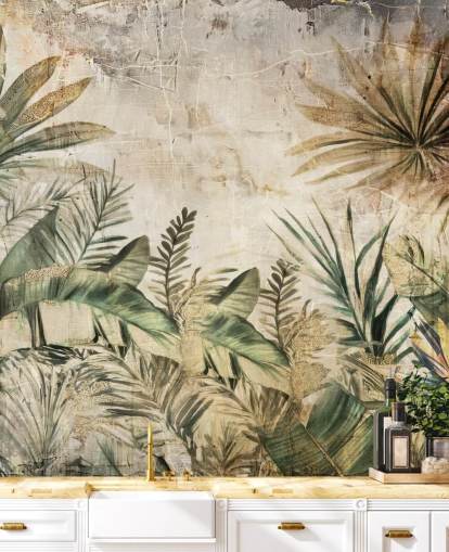 mural de pared vintage personalizado de la jungla llamado Distressed Jungle Plants de Rafal Kulik