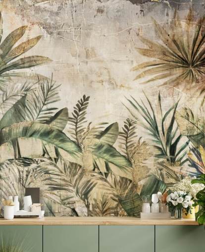 vintage anpassad djungel väggmålning som heter Distressed Jungle Plants av Rafal Kulik vintage anpassad djungel väggmålning som heter Distressed Jungle Plants av Rafal Kulik