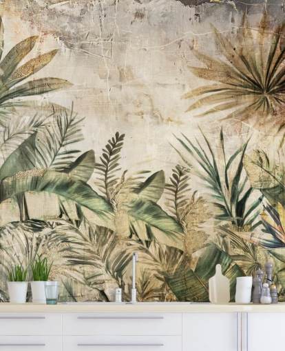 vintage brugerdefineret jungle vægmaleri kaldet Distressed Jungle Plants af Rafal Kulik vintage brugerdefineret jungle vægmaleri kaldet Distressed Jungle Plants af Rafal Kulik