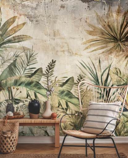 murale vintage personalizzato con giungla chiamato Distressed Jungle Plants di Rafal Kulik