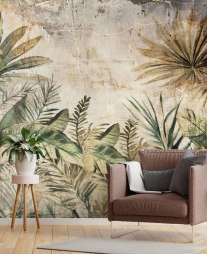 vintage brugerdefineret jungle vægmaleri kaldet Distressed Jungle Plants af Rafal Kulik