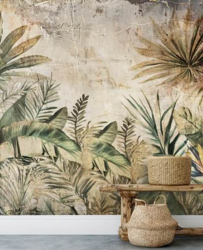 vintage op maat gemaakte jungle muurschildering genaamd Distressed Jungle Plants van Rafal Kulik