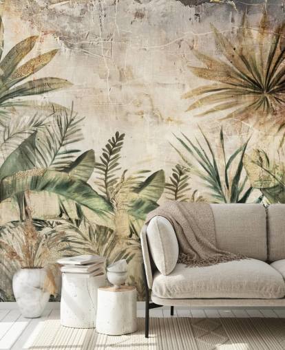 mural de pared vintage personalizado de la jungla llamado Distressed Jungle Plants de Rafal Kulik