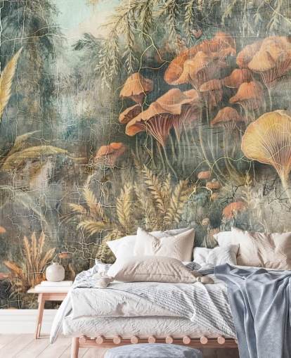 mural de pared verde vintage personalizado de la jungla llamado Distressed Jungle de Rafal Kulik