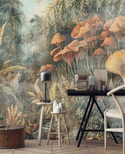 mural de pared verde vintage personalizado de la jungla llamado Distressed Jungle de Rafal Kulik