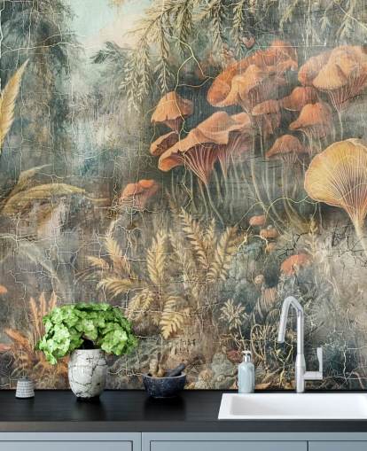 murale verde personalizzato con giungla vintage chiamato Distressed Jungle di Rafal Kulik