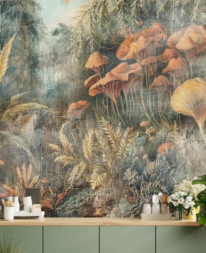 mural de pared verde vintage personalizado de la jungla llamado Distressed Jungle de Rafal Kulik mural de pared verde vintage personalizado de la jungla llamado Distressed Jungle de Rafal Kulik