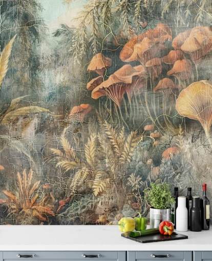 grünes kundenspezifisches Vintage-Dschungel-Wandbild namens Distressed Jungle von Rafal Kulik