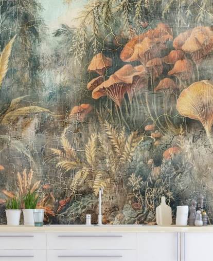 grünes kundenspezifisches Vintage-Dschungel-Wandbild namens Distressed Jungle von Rafal Kulik