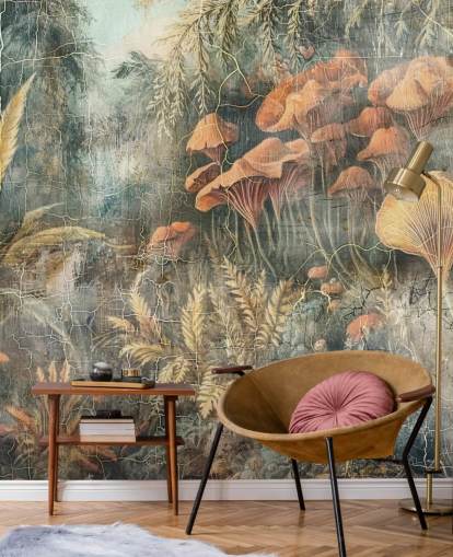 mural de pared verde vintage personalizado de la jungla llamado Distressed Jungle de Rafal Kulik