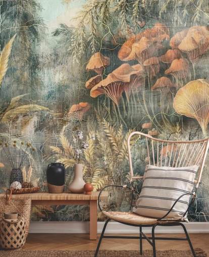 grünes kundenspezifisches Vintage-Dschungel-Wandbild namens Distressed Jungle von Rafal Kulik