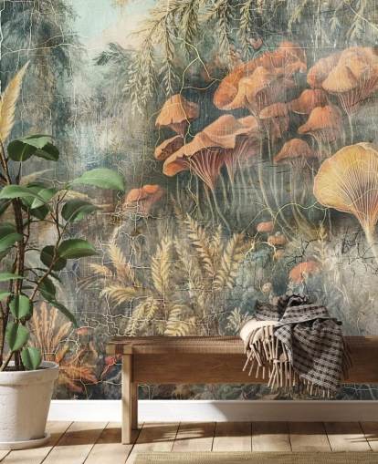 green custom vintage jungle wall mural called Distressed Jungle by Rafal Kulik green custom vintage jungle wall mural called Distressed Jungle by Rafal Kulik