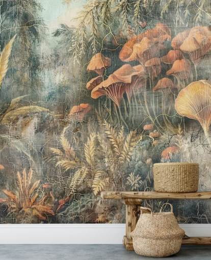 murale verde personalizzato con giungla vintage chiamato Distressed Jungle di Rafal Kulik murale verde personalizzato con giungla vintage chiamato Distressed Jungle di Rafal Kulik