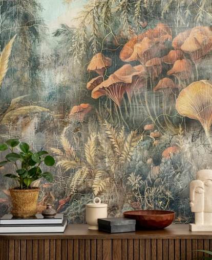 green custom vintage jungle wall mural called Distressed Jungle by Rafal Kulik