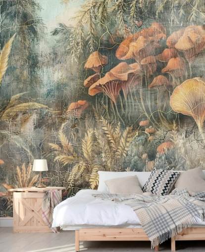 grønn tilpasset vintage jungel veggmaleri kalt Distressed Jungle av Rafal Kulik