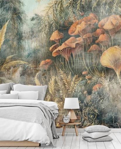 grønn tilpasset vintage jungel veggmaleri kalt Distressed Jungle av Rafal Kulik