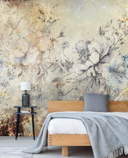 murale floreale personalizzabile chiamato Distressed Large Florals II di Rafal Kulik per camere da letto e salotti